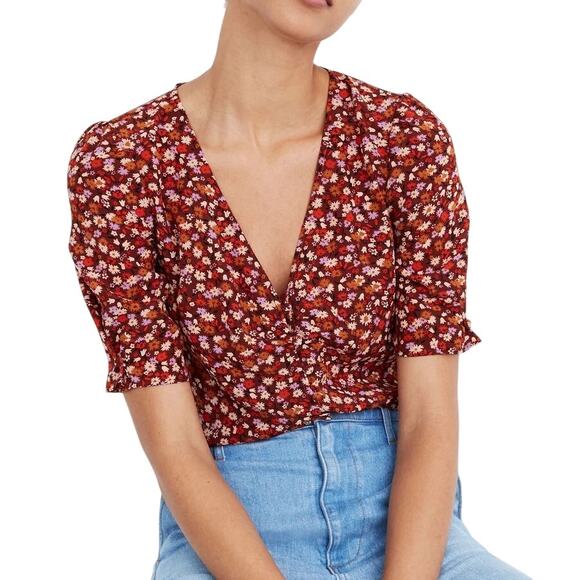 Madewell Rust Floral Print V Neck Silk Button Sleeve Top in Spring Prairie - Picture 1 of 13